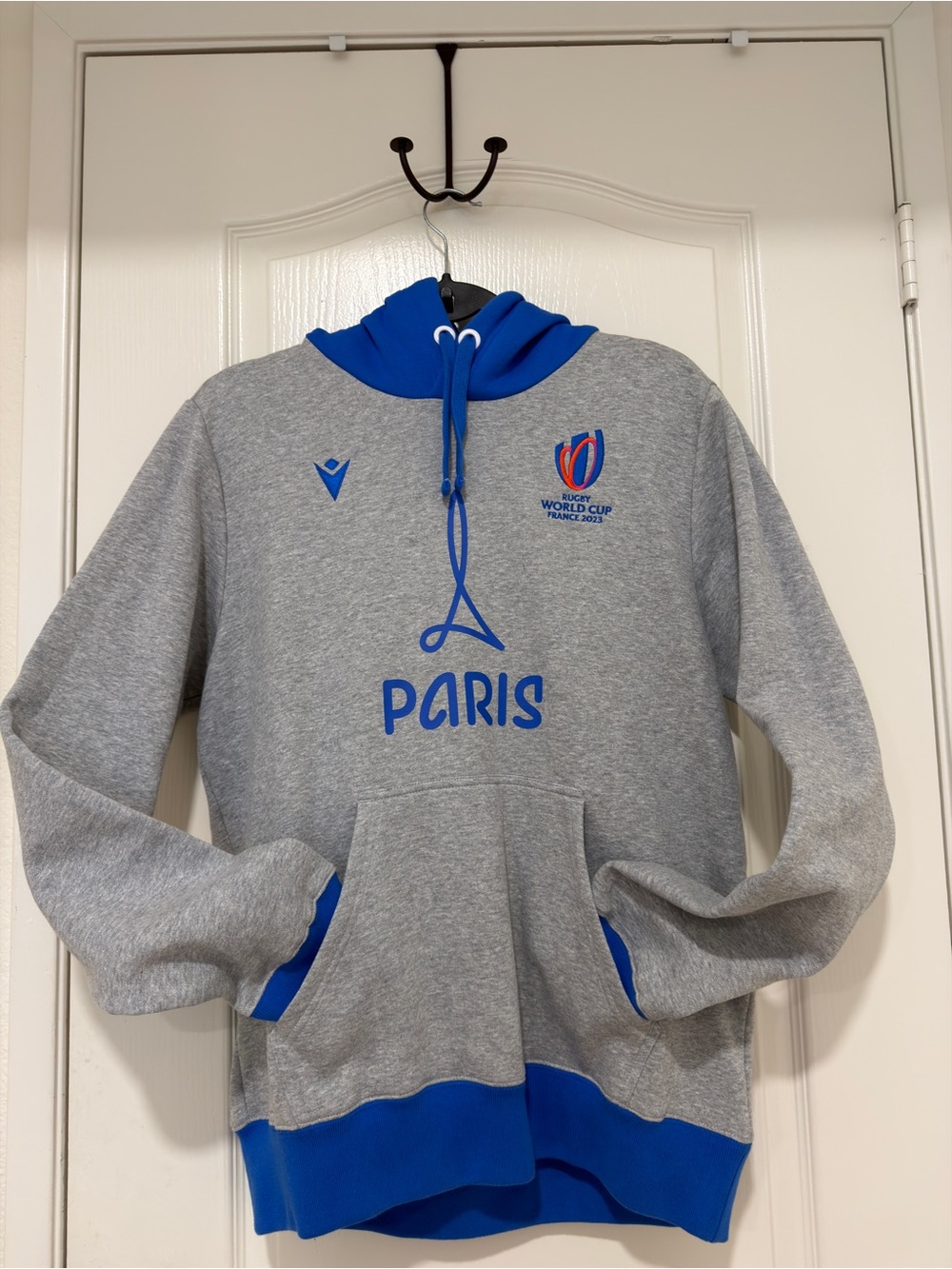 Macron Rugby World Cup France 2023 Paris Hoodie Gray Blue Men's Large Pullover